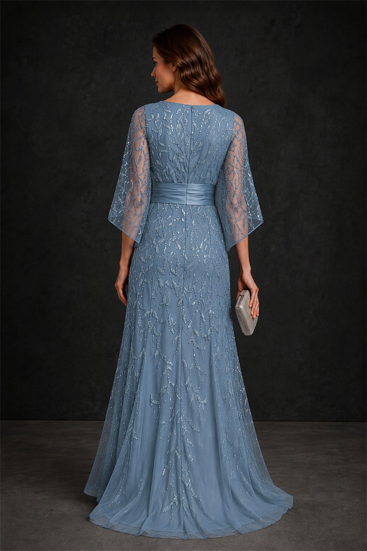 BOLODOO Dusty Blue Bateau Neck Bell Sleeve Sequin Embroidered Satin Waist A-Line Maxi Dress - Dusty Blue