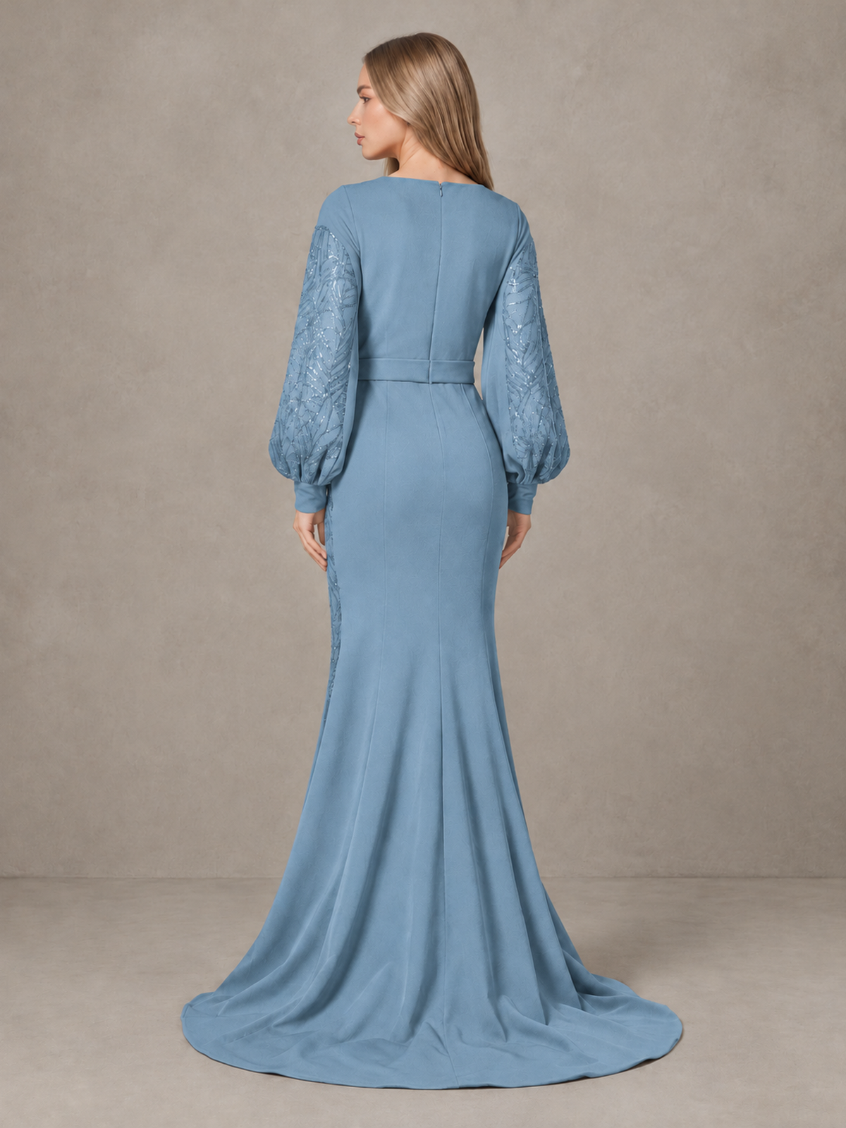BOLODOO Dusty Blue Sequin Long Bishop Sleeve Mermaid Evening Dress - Dusty Blue - Dusty Blue (2)