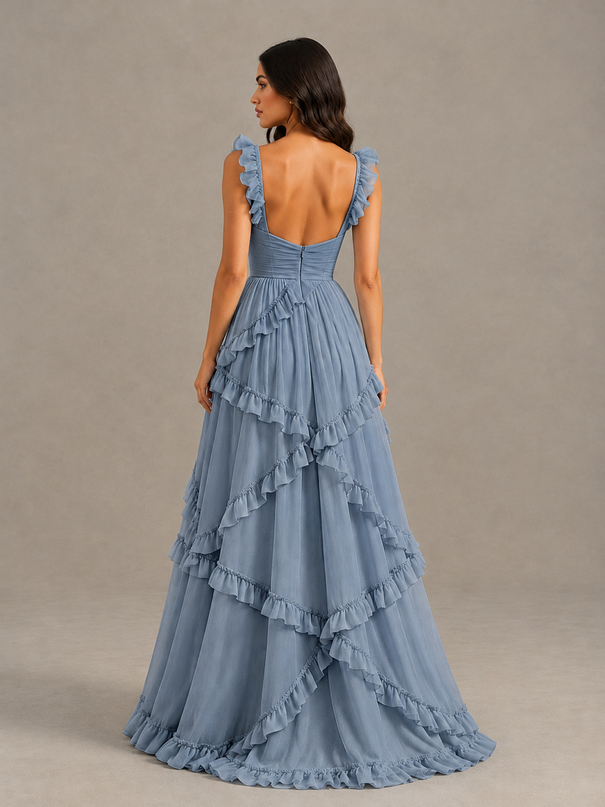 BOLODOO Dusty Blue Ruffle A-Line Prom Dress with Open Back - Dusty Blue - Dusty Blue (2)