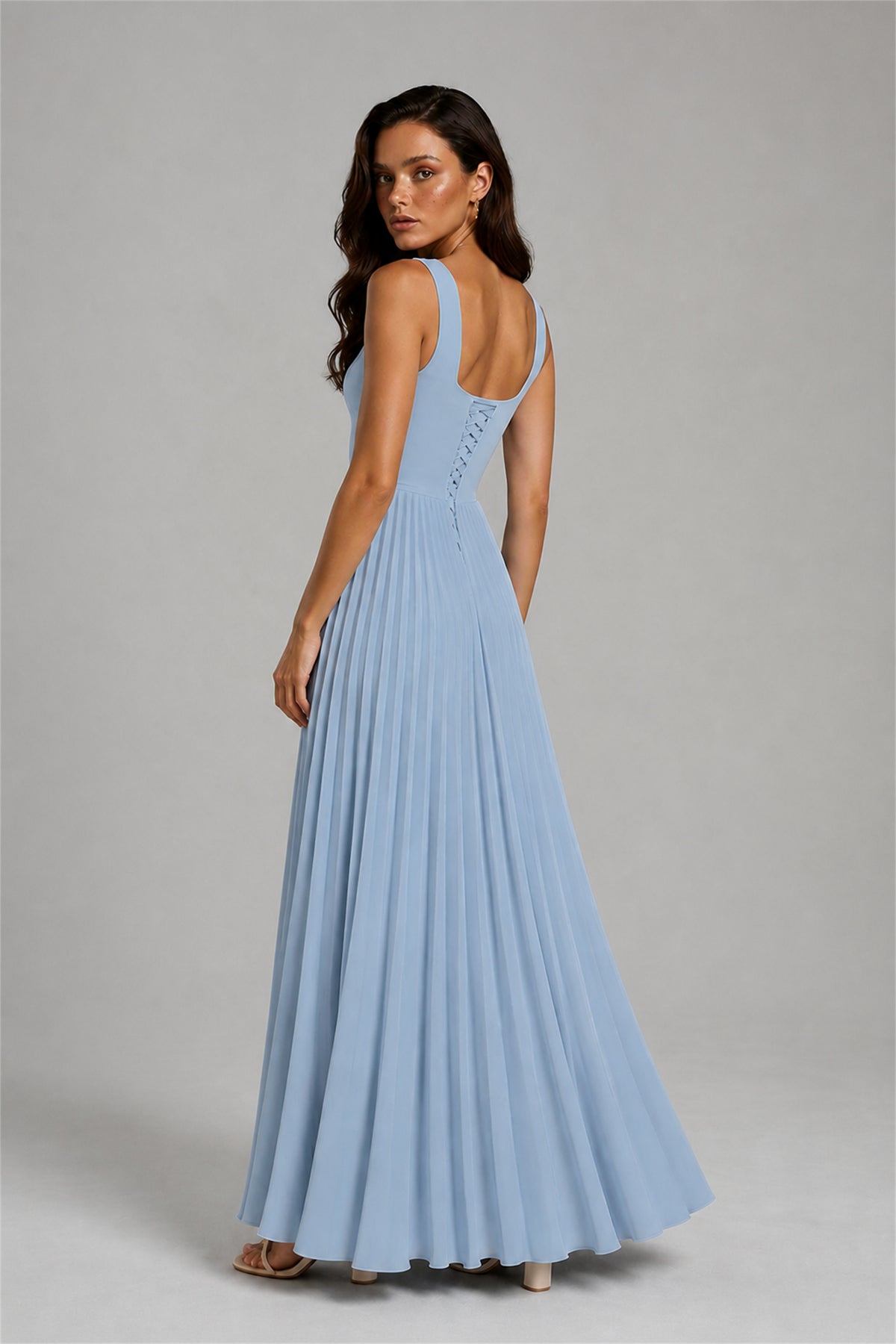 BOLODOO Dusty Blue Square Neck Wide Strap Lace-Up Back Pleated A-Line Chiffon Maxi Dress - Dusty Blue