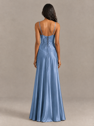 BOLODOO Dusty Blue Satin Lace-Up Back Maxi Dress - Dusty Blue