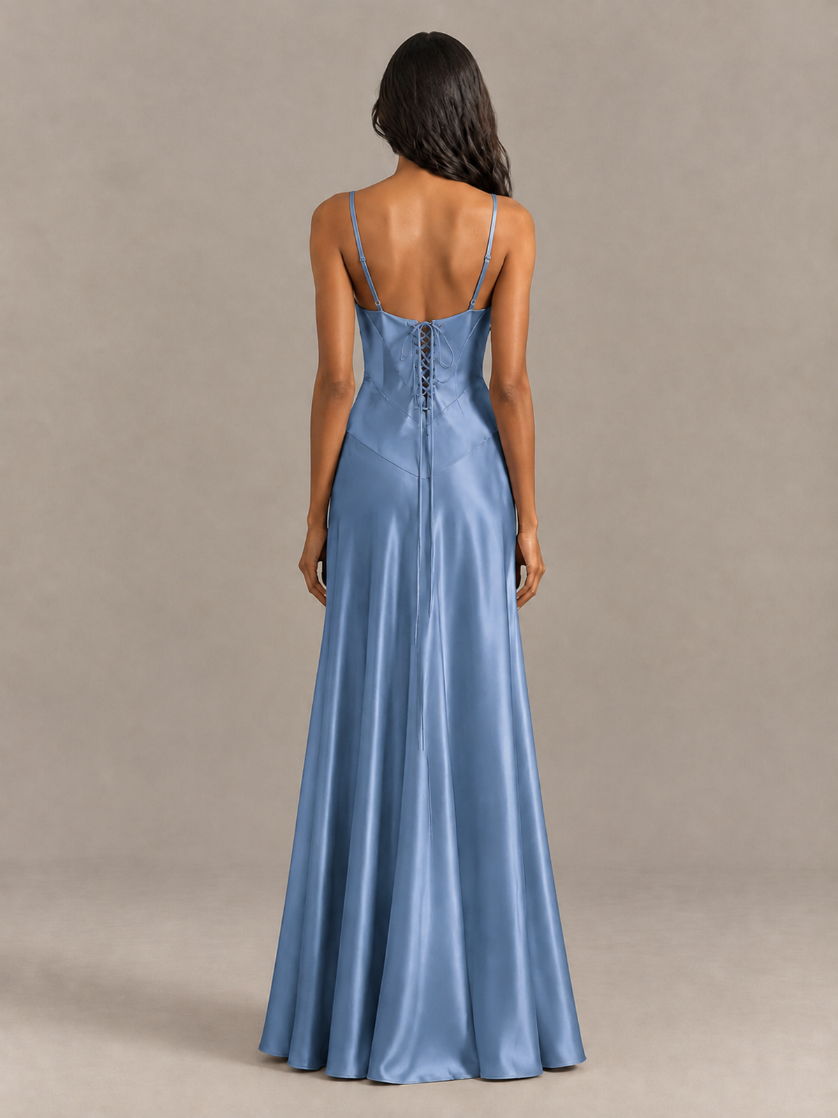 BOLODOO Dusty Blue Satin Lace-Up Back Maxi Dress - Dusty Blue