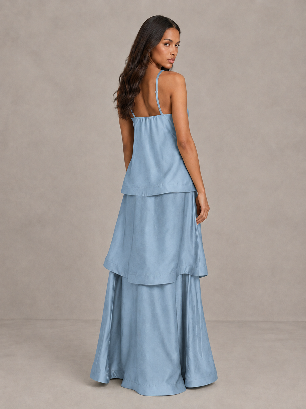 BOLODOO Dusty Blue Satin Tiered Maxi Dress with Spaghetti Straps - Dusty Blue