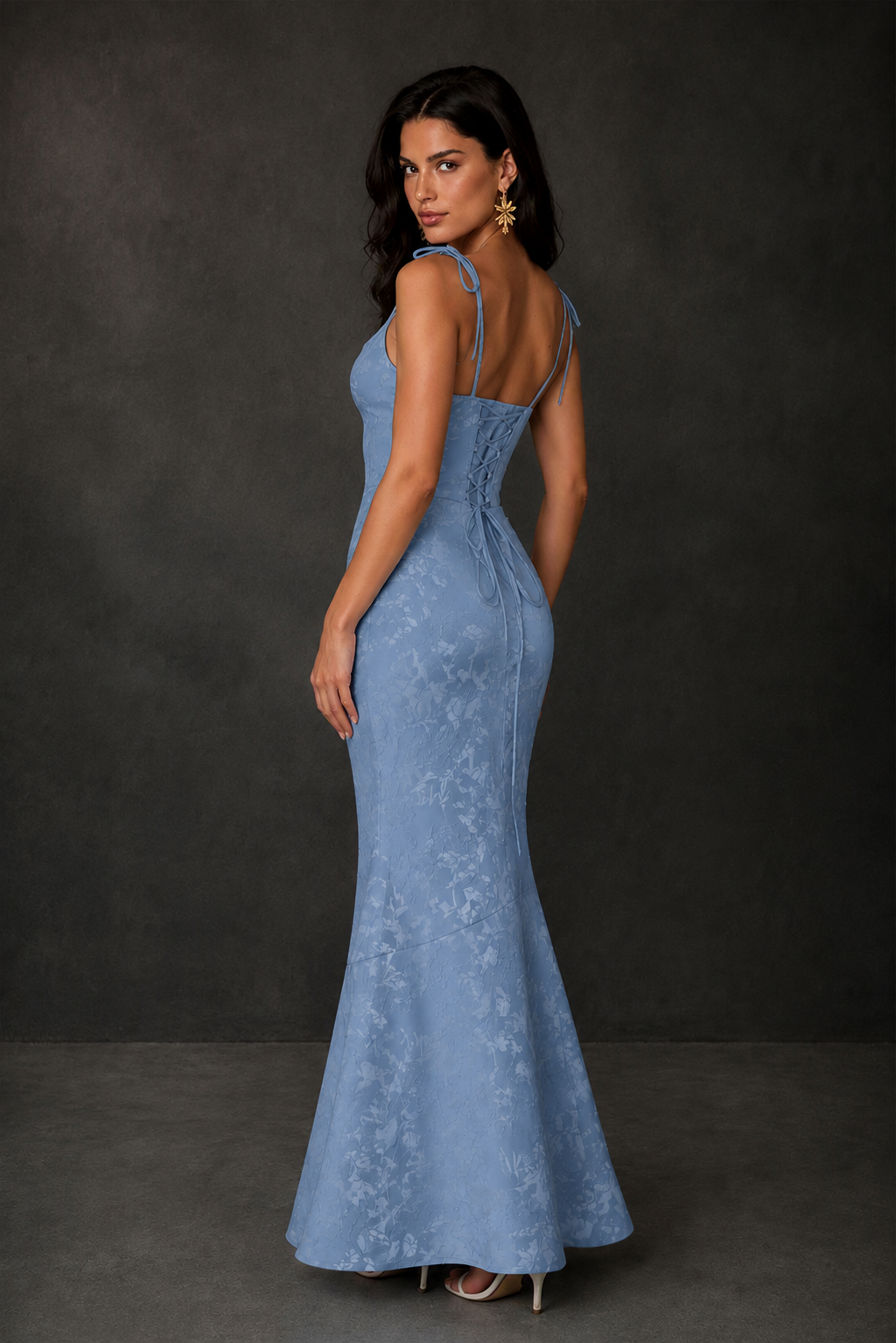 BOLODOO Dusty Blue Scoop Neck Tie Strap Lace-Up Back Floral Jacquard Mermaid Maxi Dress - Dusty Blue