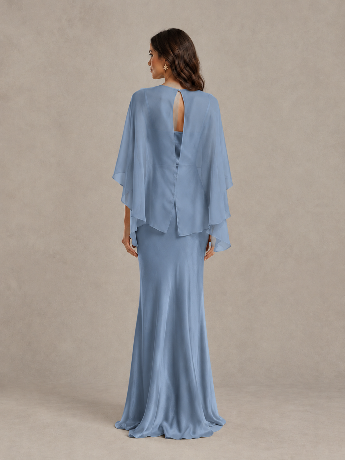 BOLODOO Dusty Blue Satin Mermaid Bridesmaid Dress with Chiffon Cape - Dusty Blue - Dusty Blue (2)