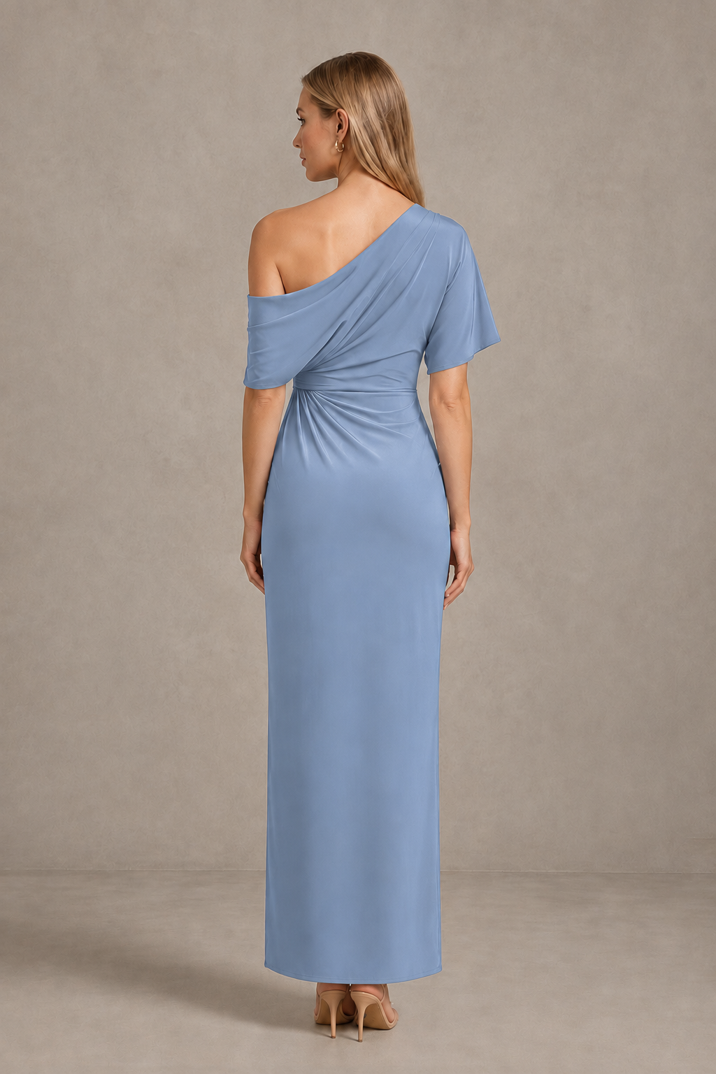 BOLODOO Dusty Blue One-Shoulder Draped Satin Maxi Dress with Front Slit - Dusty Blue - Dusty Blue