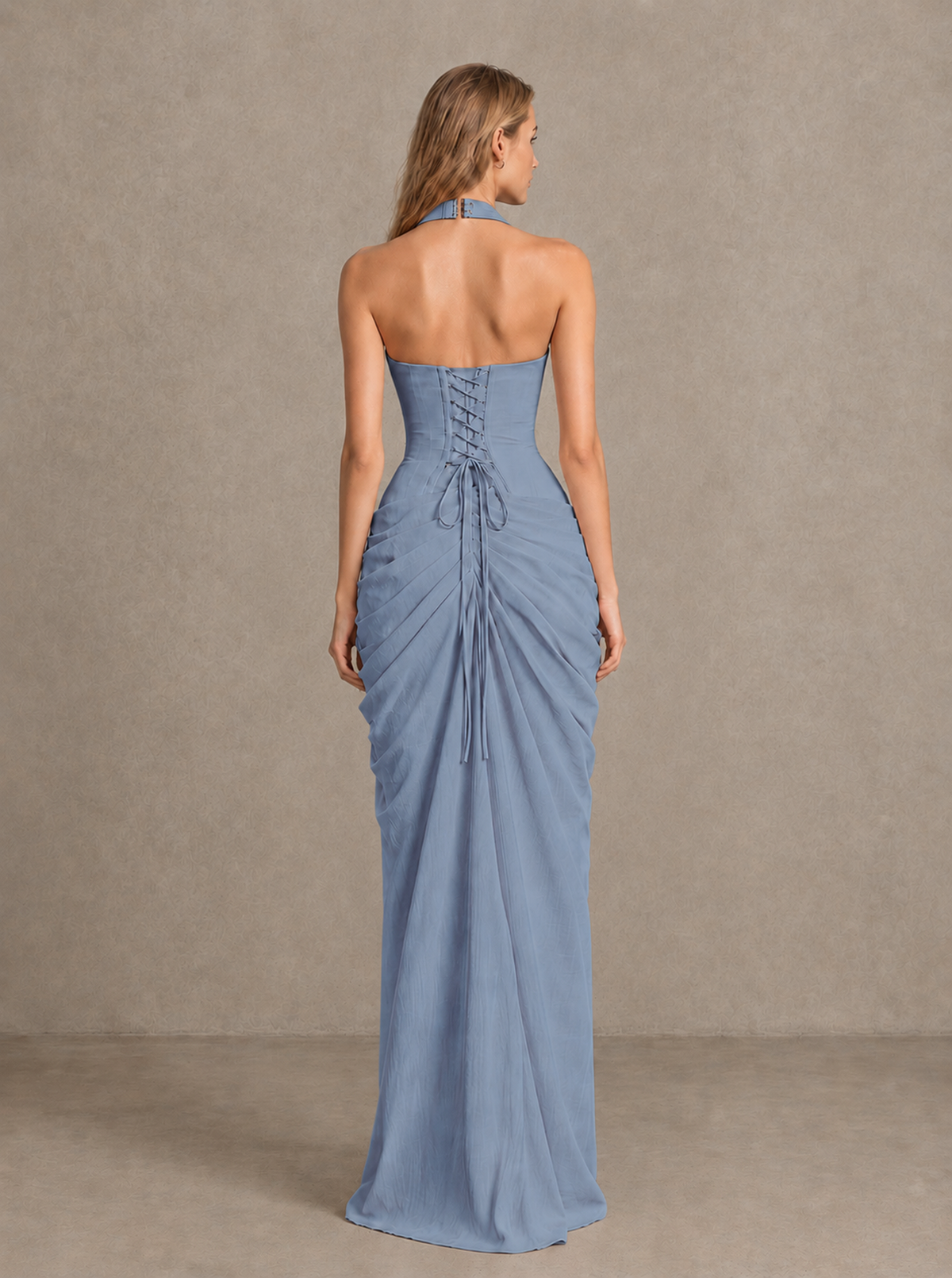 BOLODOO Dusty Blue Halter Neck Ruched Maxi Dress with High Slit - Dusty Blue