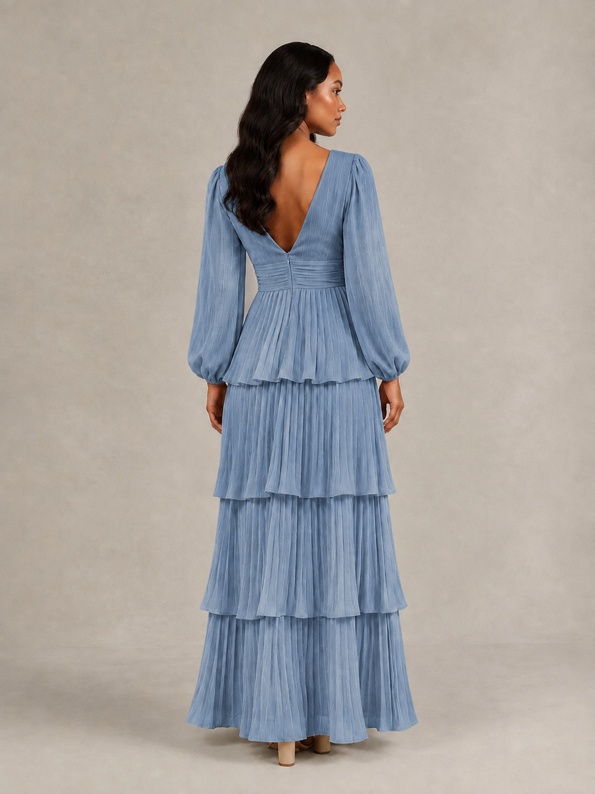 BOLODOO Dusty Blue Long-Sleeve Tiered Maxi Dress with Deep V-Neck - Dusty Blue
