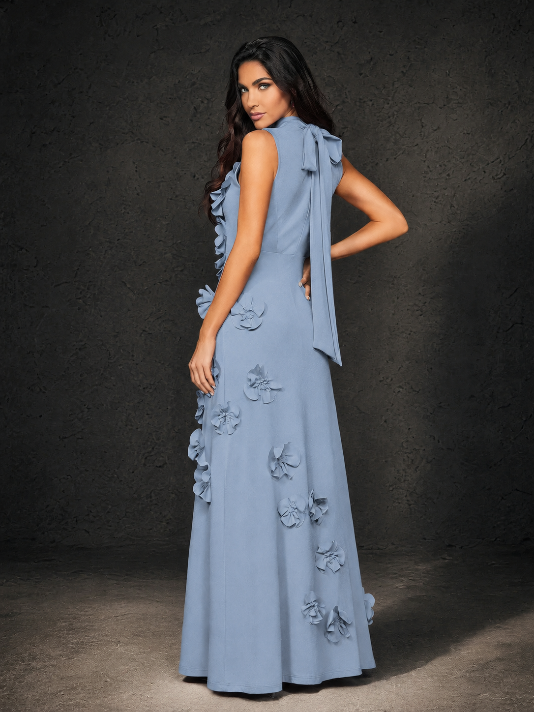 BOLODOO Dusty Blue Mock Neck Sleeveless 3D Floral Appliqué Maxi Dress with Bow Back - Dusty Blue