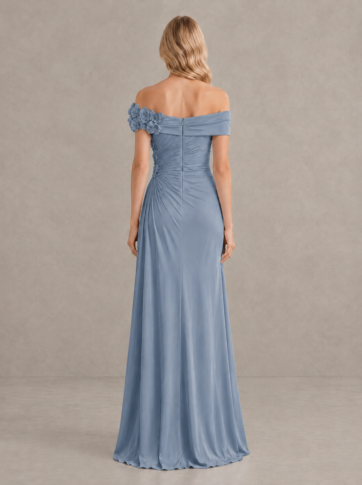 BOLODOO Dusty Blue Off-Shoulder Floral Applique Wedding Guest Maxi Dress - Dusty Blue - Dusty Blue (2)