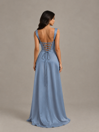 BOLODOO Dusty Blue Satin Lace-Up Bridesmaid Dress with Slit - Dusty Blue - Dusty Blue (2)