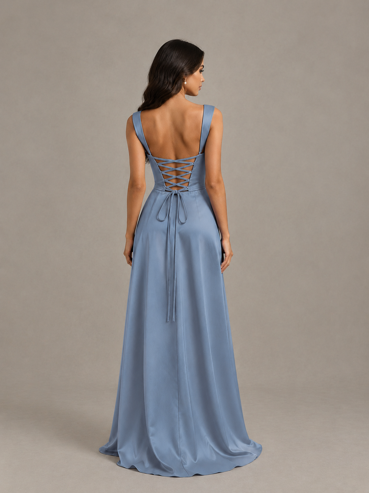 BOLODOO Dusty Blue Satin Lace-Up Bridesmaid Dress with Slit - Dusty Blue - Dusty Blue (2)