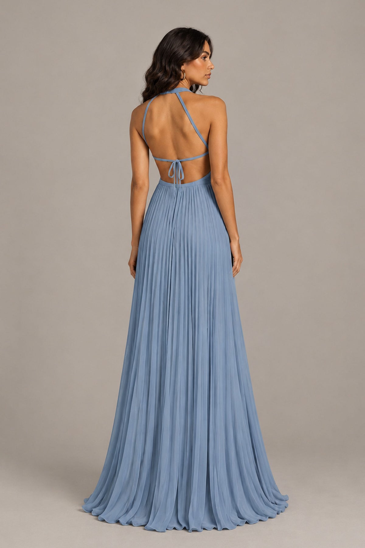 BOLODOO Dusty Blue Halter Neck Pleated Chiffon Maxi Dress with Side Slit - Dusty Blue