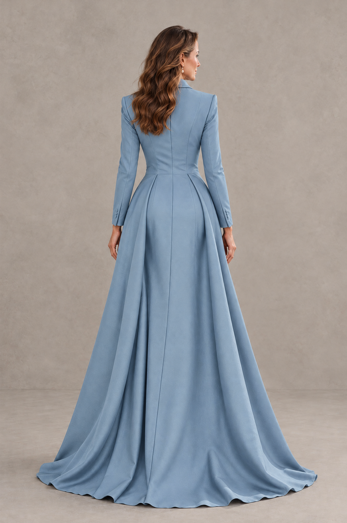 BOLODOO Dusty Blue Long Sleeve Lace Blazer Gown with High Slit - Dusty Blue - Dusty Blue (2)