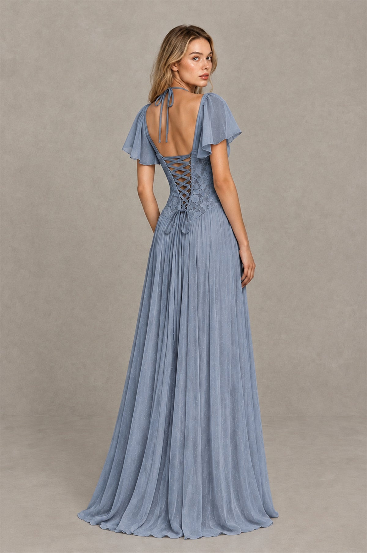 BOLODOO Dusty Blue Flutter Sleeve Lace Corset A-Line Maxi Dress - Dusty Blue - Dusty Blue (2)