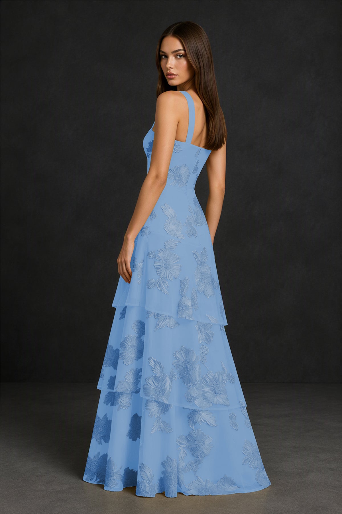 BOLODOO Dusty Blue Crisscross Halter Neck Dusty Blue Floral Embroidered Triple Tiered A-Line Tulle Maxi Dress - Dusty Blue