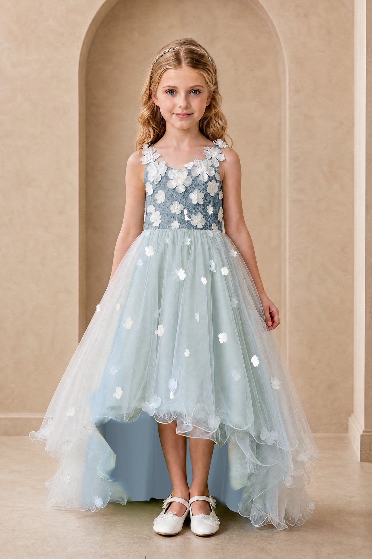 BOLODOO Dusty Blue Flower Girl Dress with Floral Appliqué and High-Low Tulle Skirt - Dusty Blue