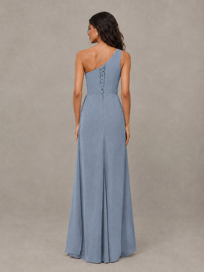 BOLODOO Dusty Blue One-Shoulder Chiffon Bridesmaid Dress with Ruched Bodice & High Slit - Dusty Blue - Dusty Blue (2)