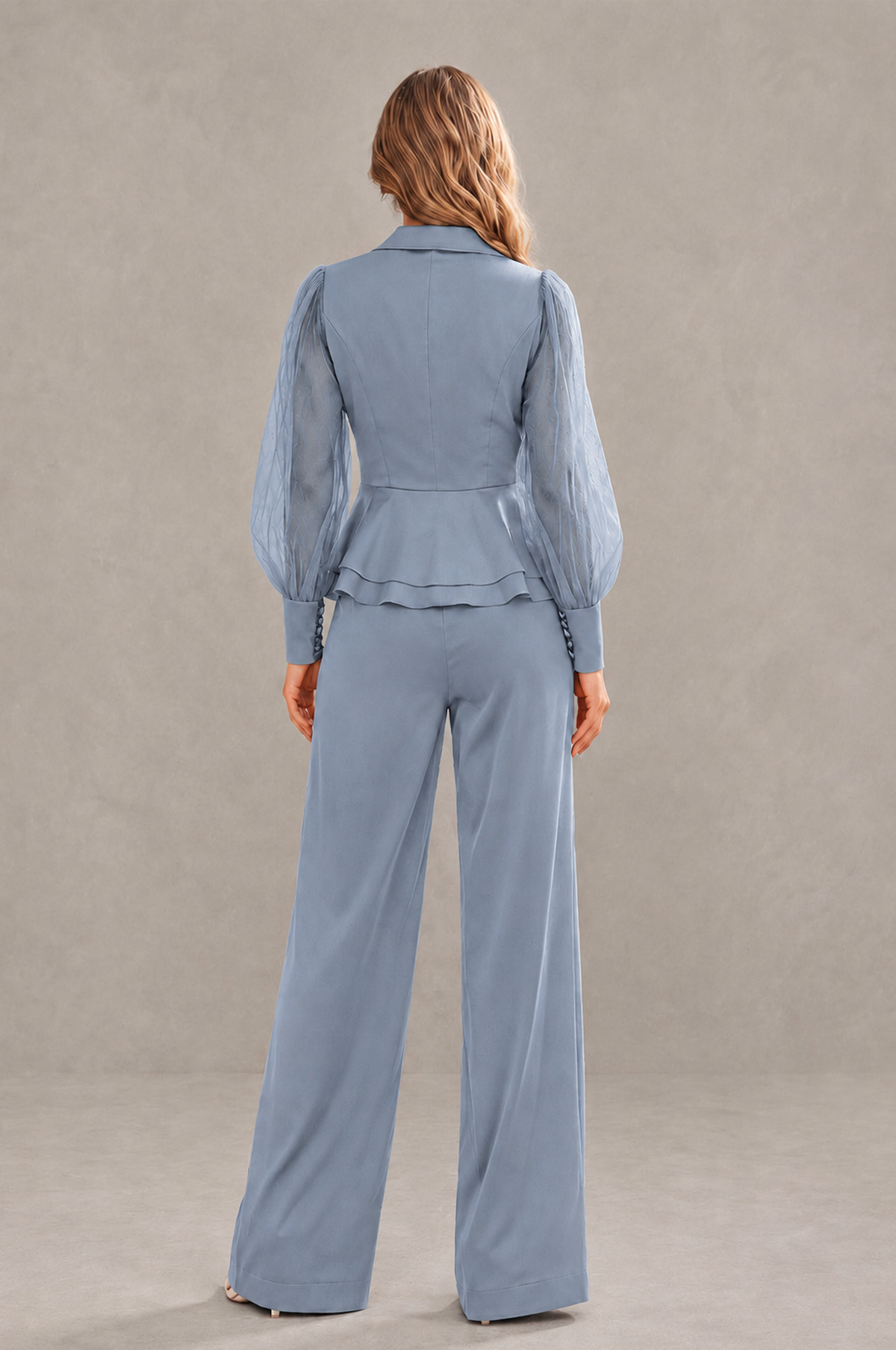 BOLODOO Mint Dusty Blue Peplum Blazer Wide-Leg Pantsuit with Sheer Puff Sleeves - Dusty Blue