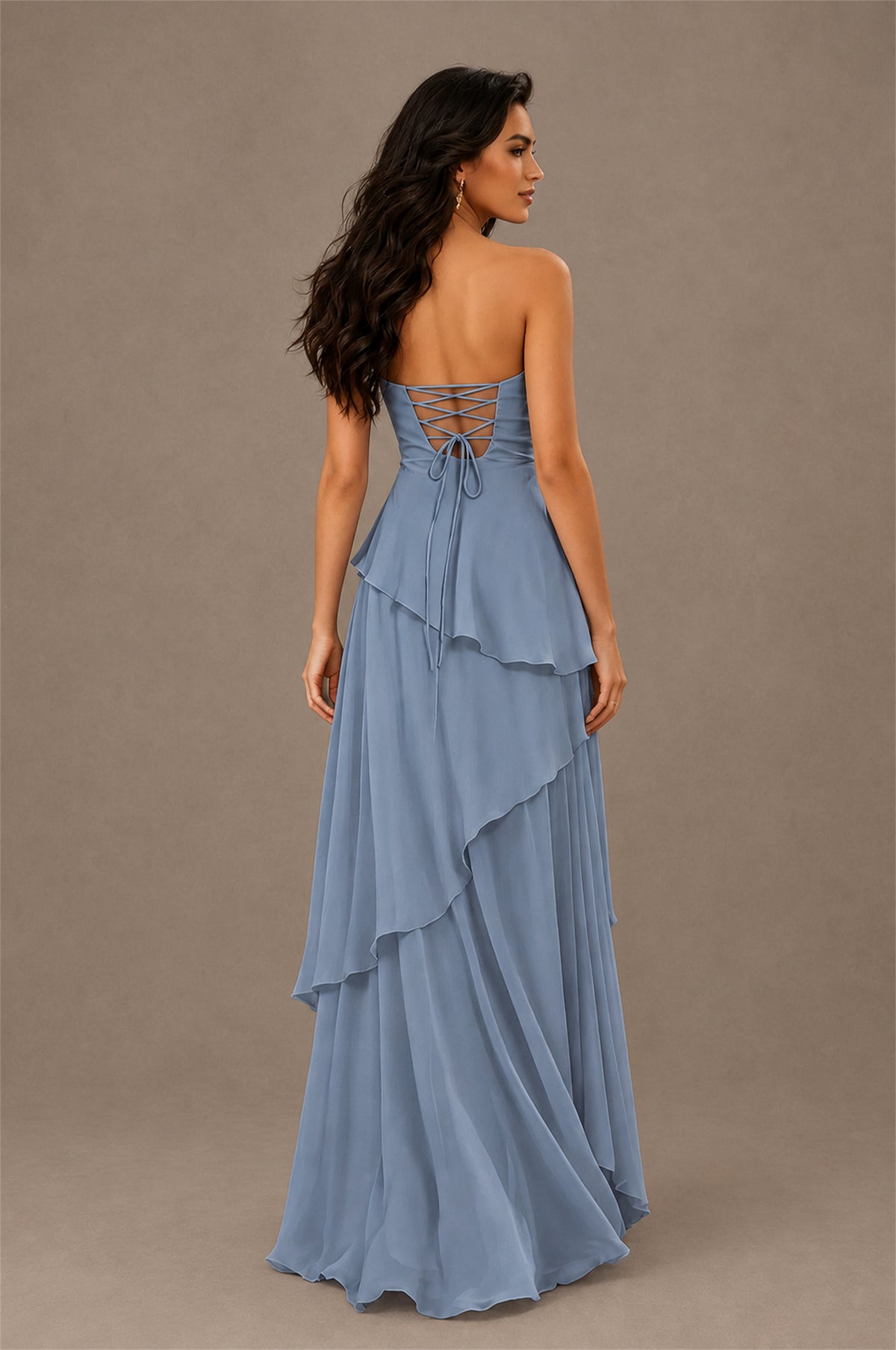 BOLODOO Dusty Blue Strapless Sweetheart Knotted Chiffon Tiered Maxi Dress with Lace-Up Back - Dusty Blue