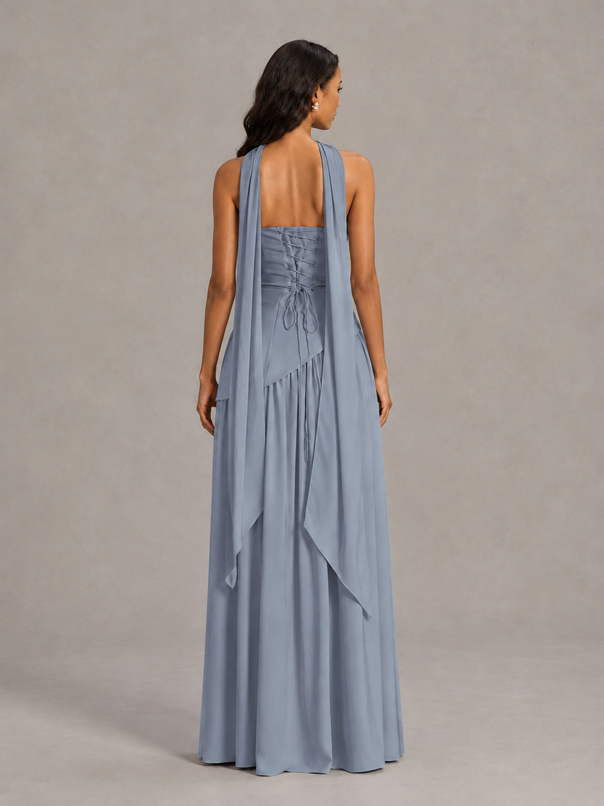 Dusty Blue Strapless Bridesmaid Dress with Scarf & High Slit - Dusty Blue - Dusty Blue (2)