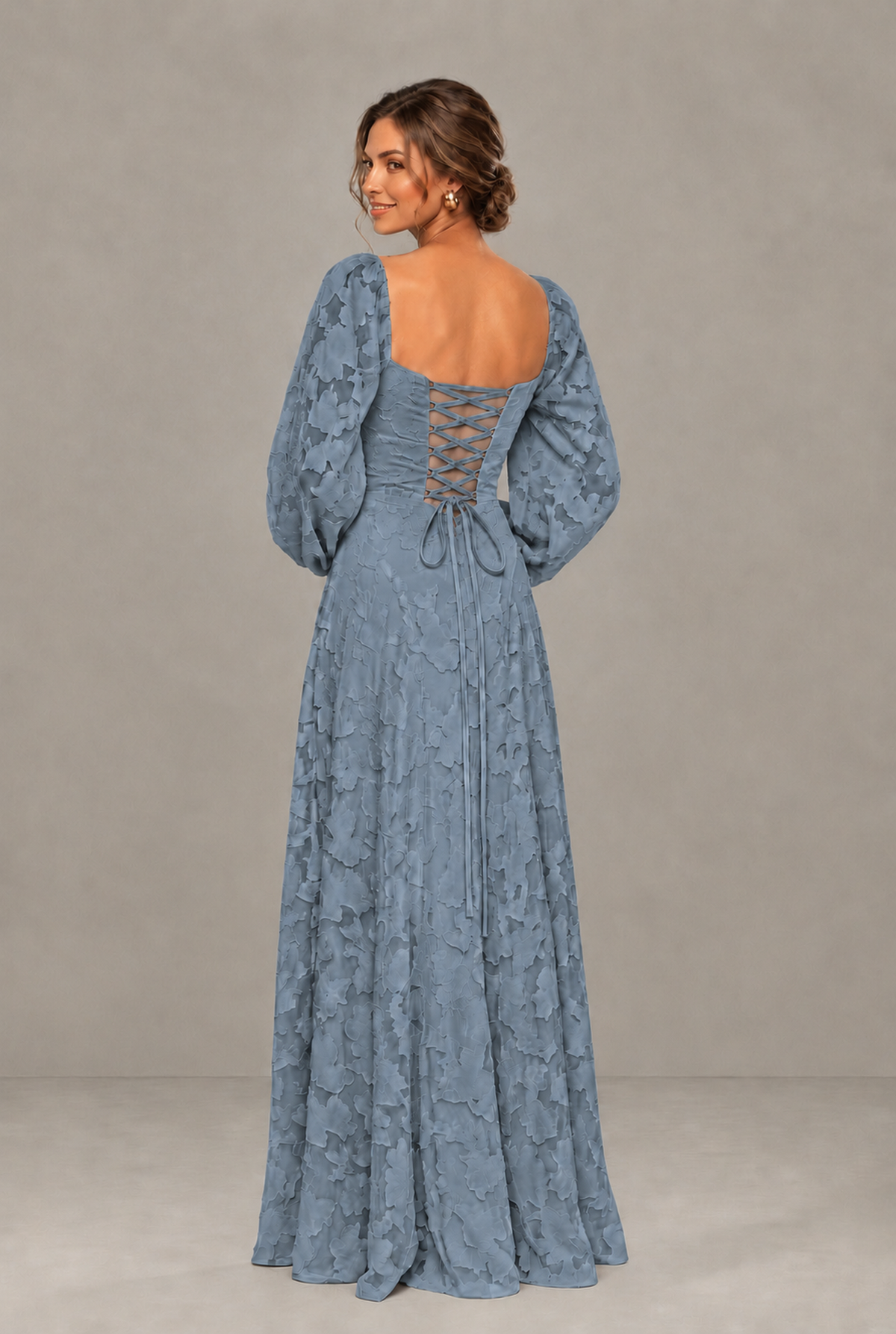BOLODOO Floral Dusty Blue Long Sleeve A-Line Dress with Lace-Up Back - Dusty Blue