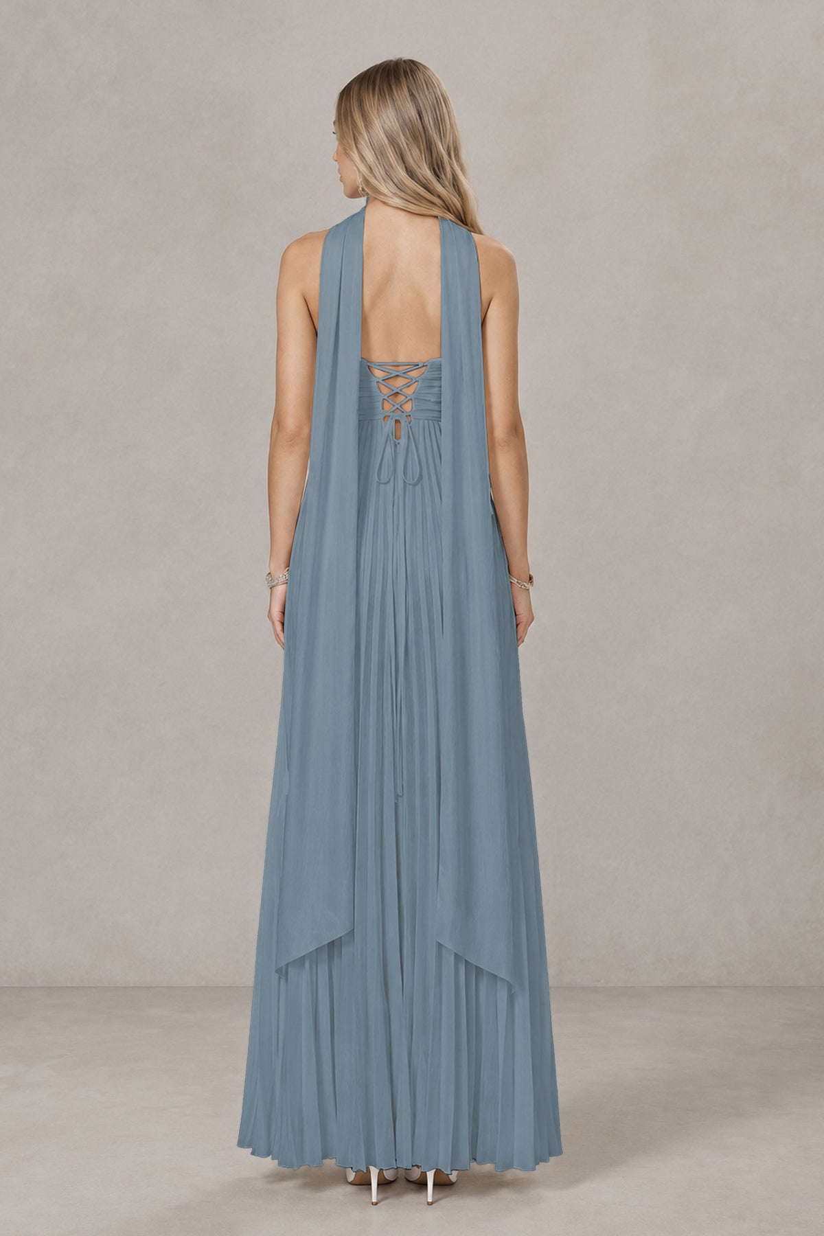 BOLODOO Dusty Blue Strapless Chiffon-Look Maxi Dress with Lace-Up Back & Cape - Dusty Blue
