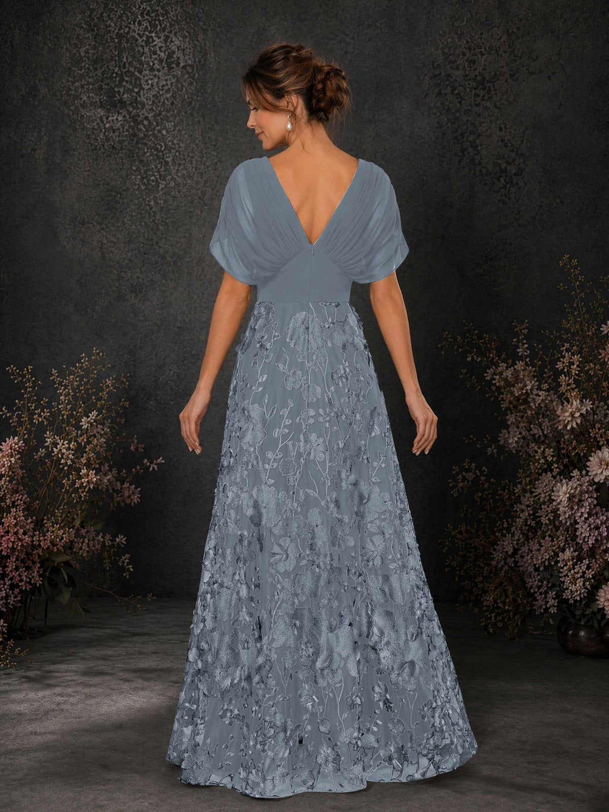 BOLODOO Dusty Blue & Dusty Blue Chiffon V-Neck Flutter Sleeve Floral Embroidered A-Line Gown BD0414 - Dusty Blue