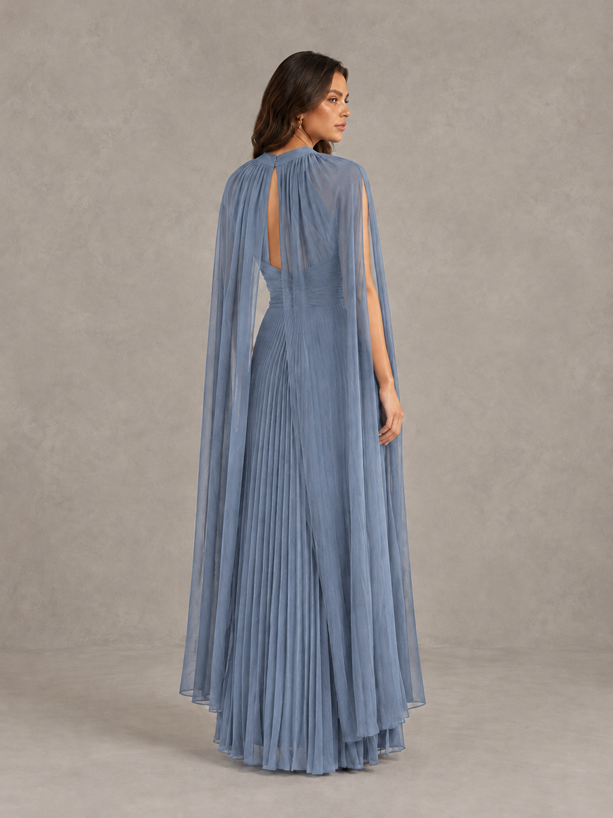 BOLODOO Dusty Blue Pleated Cape Maxi Wedding Guest Dress - Dusty Blue - Dusty Blue (2)