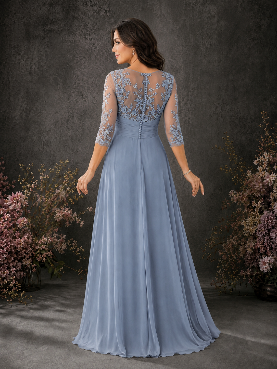 BOLODOO Dusty Blue Chiffon Lace Illusion Neckline 3/4 Sleeve Floor Length Formal Gown - Dusty Blue