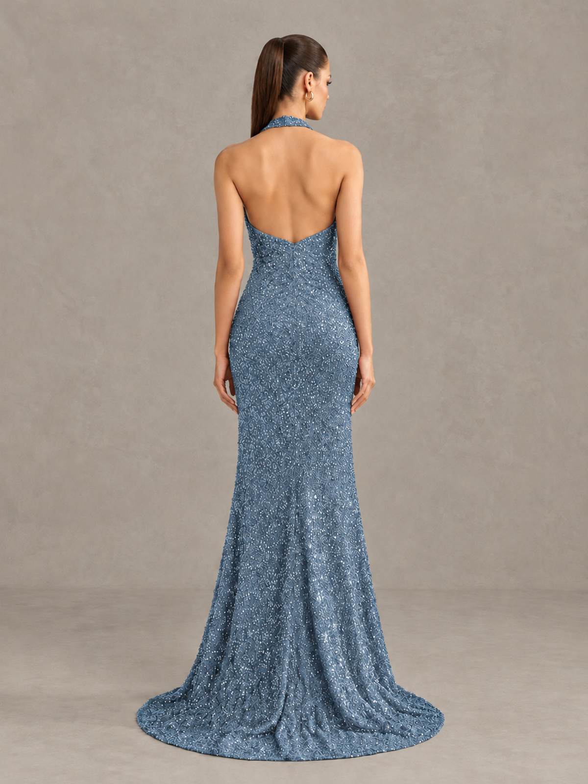 BOLODOO Dusty Blue Sequin Halter Open Back Evening Gown with High Slit - Dusty Blue - Dusty Blue (2)