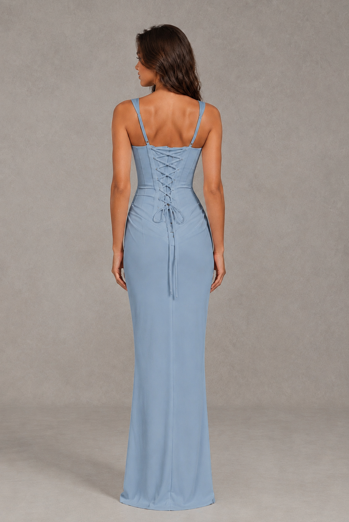 BOLODOO Dusty Blue Square-Neck Lace-Up Back Bridesmaid Dress - Dusty Blue