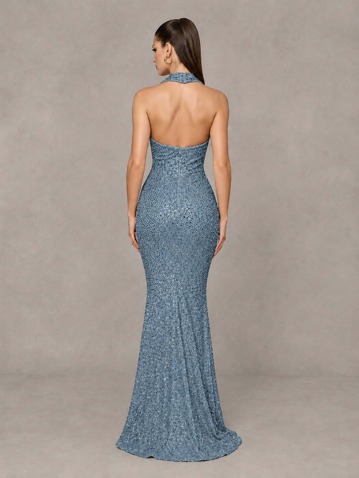 BOLODOO Dusty Blue Sequin Halter Mermaid Evening Gown - Dusty Blue - Dusty Blue (2)