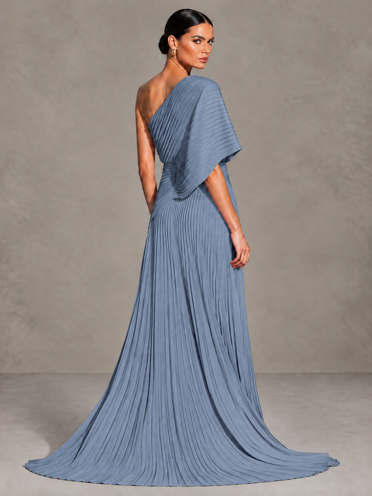 BOLODOO Dusty Blue One-Shoulder Pleated Cape Evening Gown with Train - Dusty Blue - Dusty Blue (2)