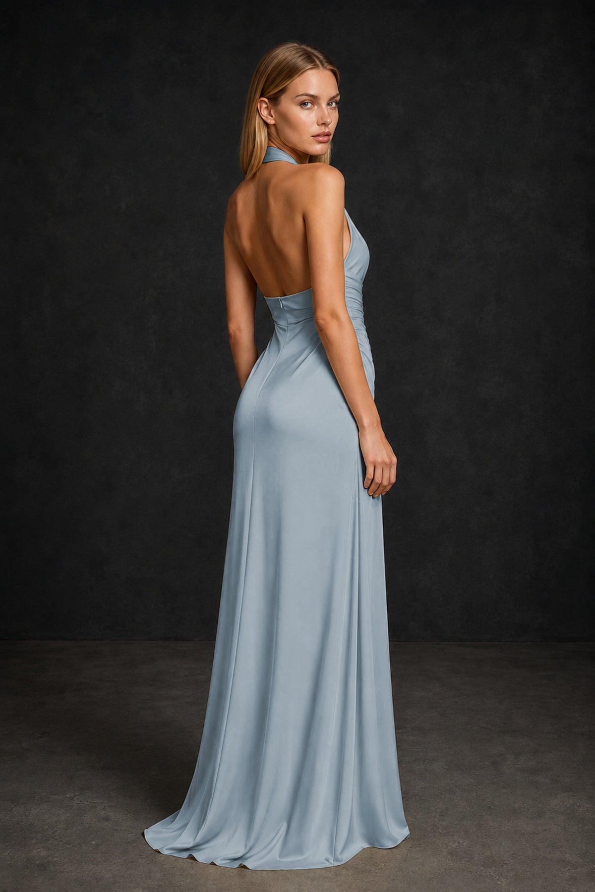 BOLODOO Dusty Blue Twisted Halter Neck Ruched Sleeveless Open Back Floor-Length Gown - Dusty Blue