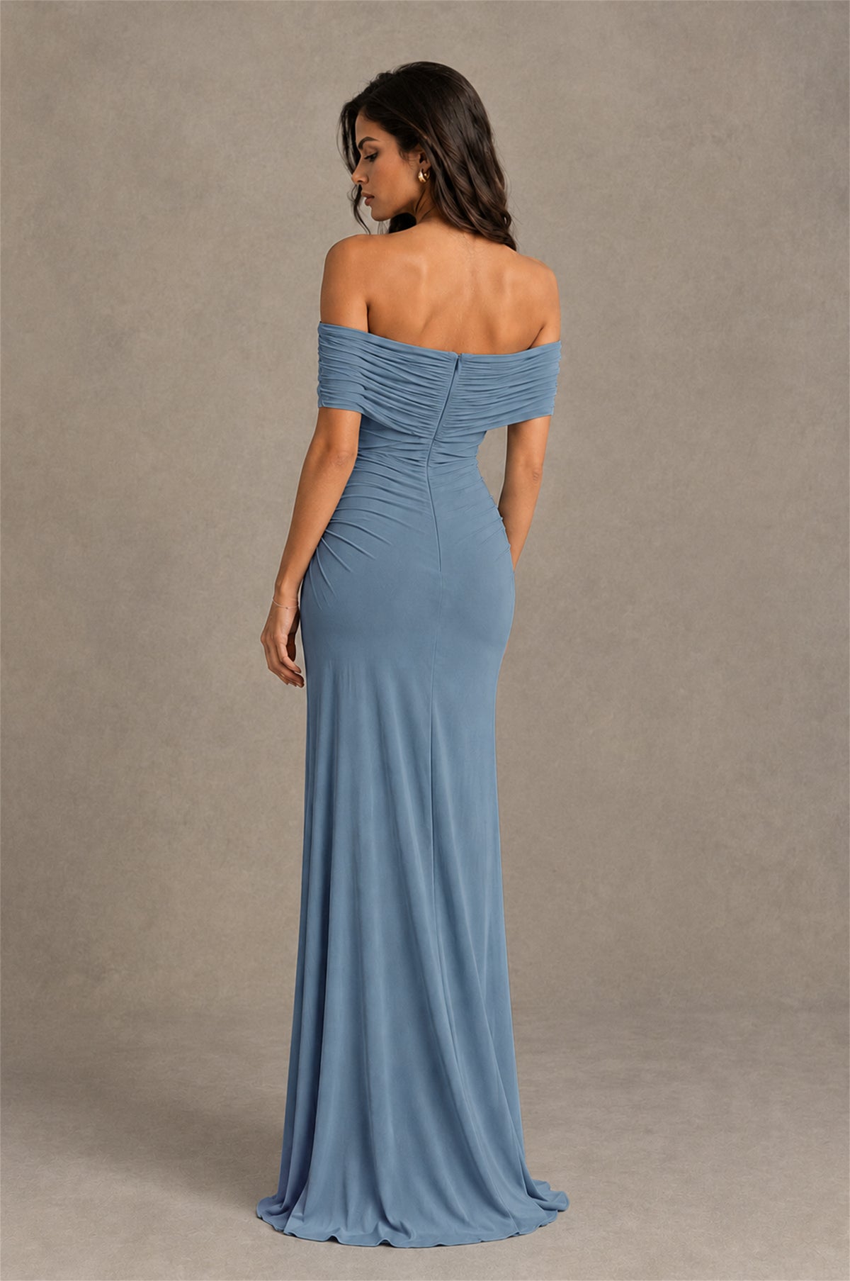BOLODOO Dusty Blue Off-Shoulder Ruched Maxi Dress - Dusty Blue