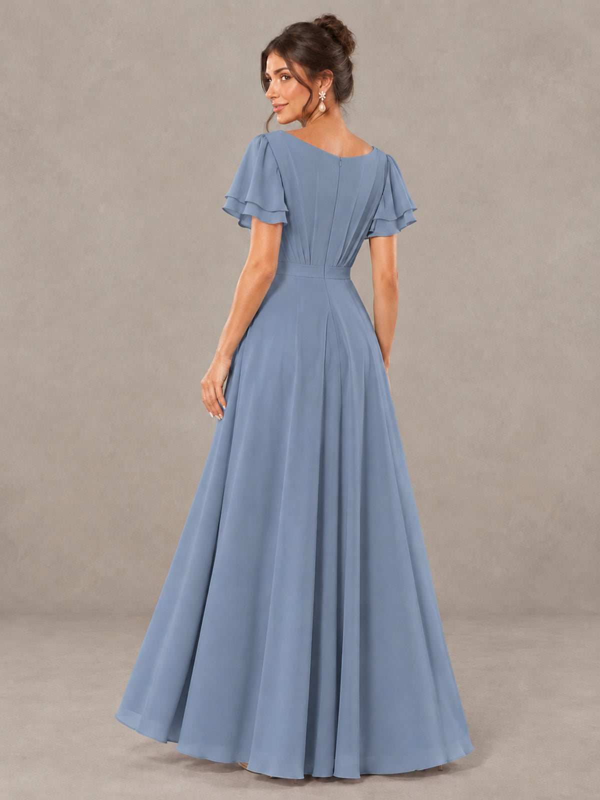 BOLODOO Dusty Blue Flutter Sleeve Ruffle Bridesmaid Dress with Slit - Dusty Blue - Dusty Blue (2)