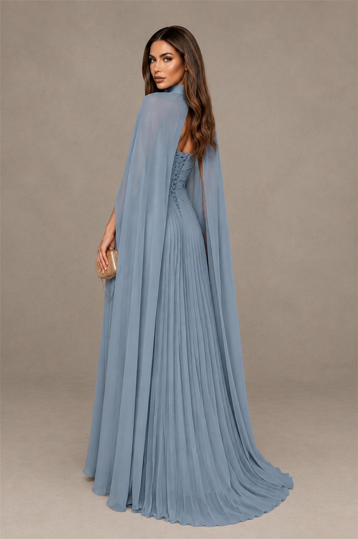 BOLODOO Dusty Blue Strapless Crossover Ruched Bodice Detached Turtleneck Cape Lace-Up Back Pleated Chiffon Maxi Dress - Dusty Blue