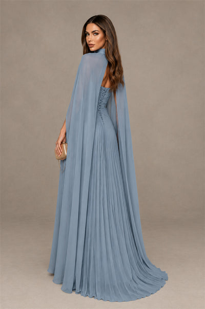 BOLODOO Dusty Blue Strapless Crossover Ruched Bodice Detached Turtleneck Cape Lace-Up Back Pleated Chiffon Maxi Dress - Dusty Blue