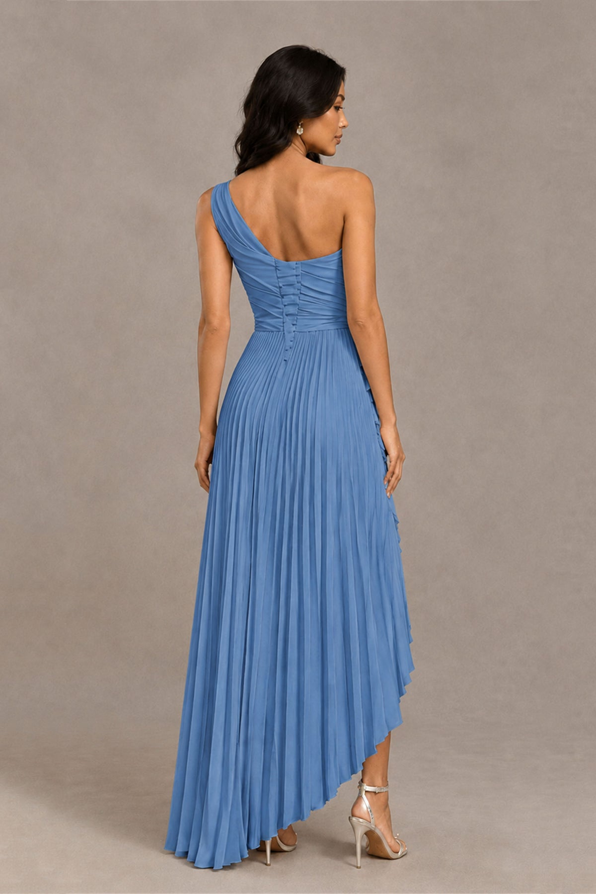 BOLODOO Dusty Blue One-Shoulder High-Low Ruffle Maxi Dress - Dusty Blue