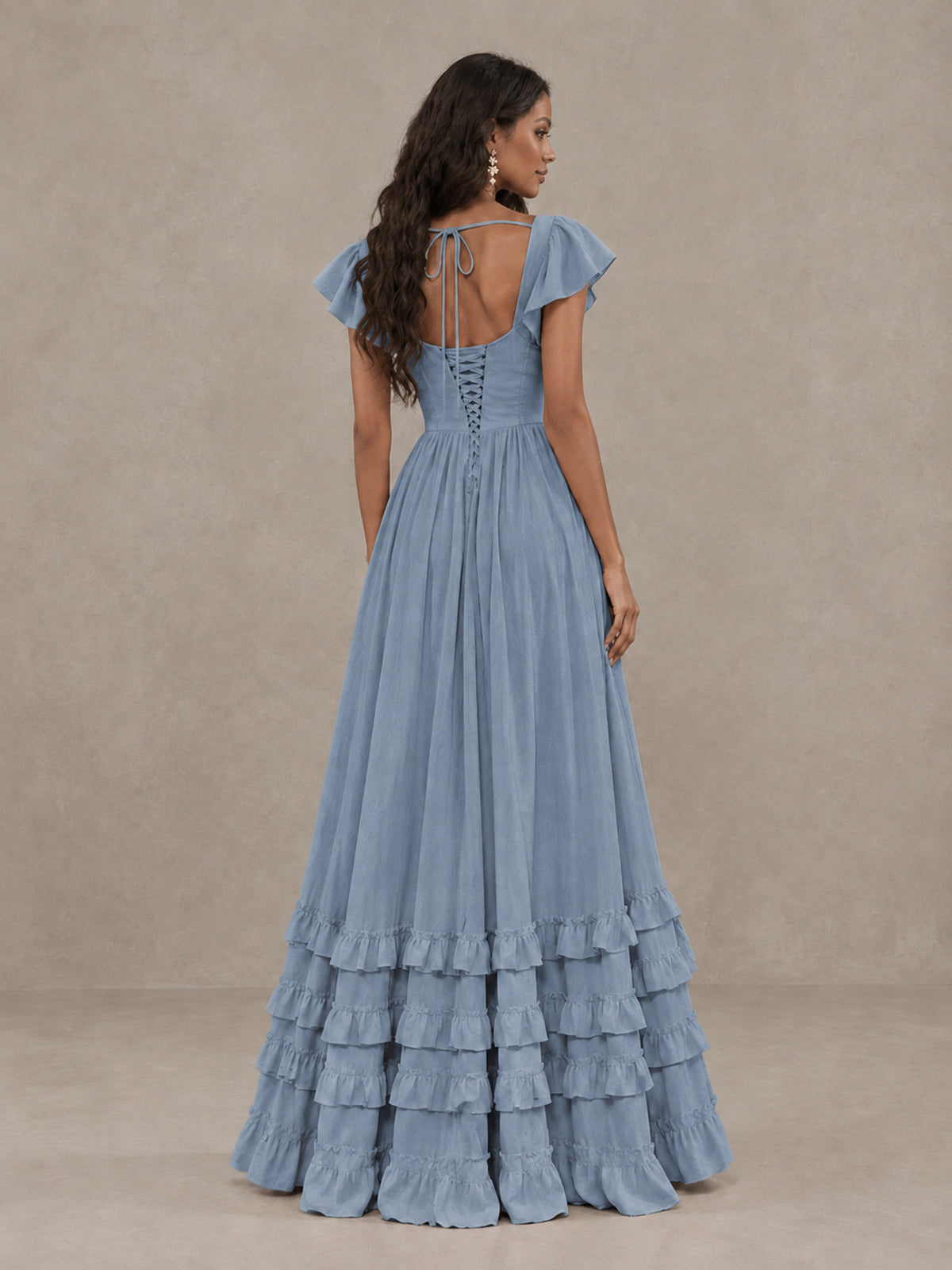 BOLODOO Dusty Blue Flutter Sleeve Ruffle Bridesmaid Dress with Slit - Dusty Blue - Dusty Blue (2)