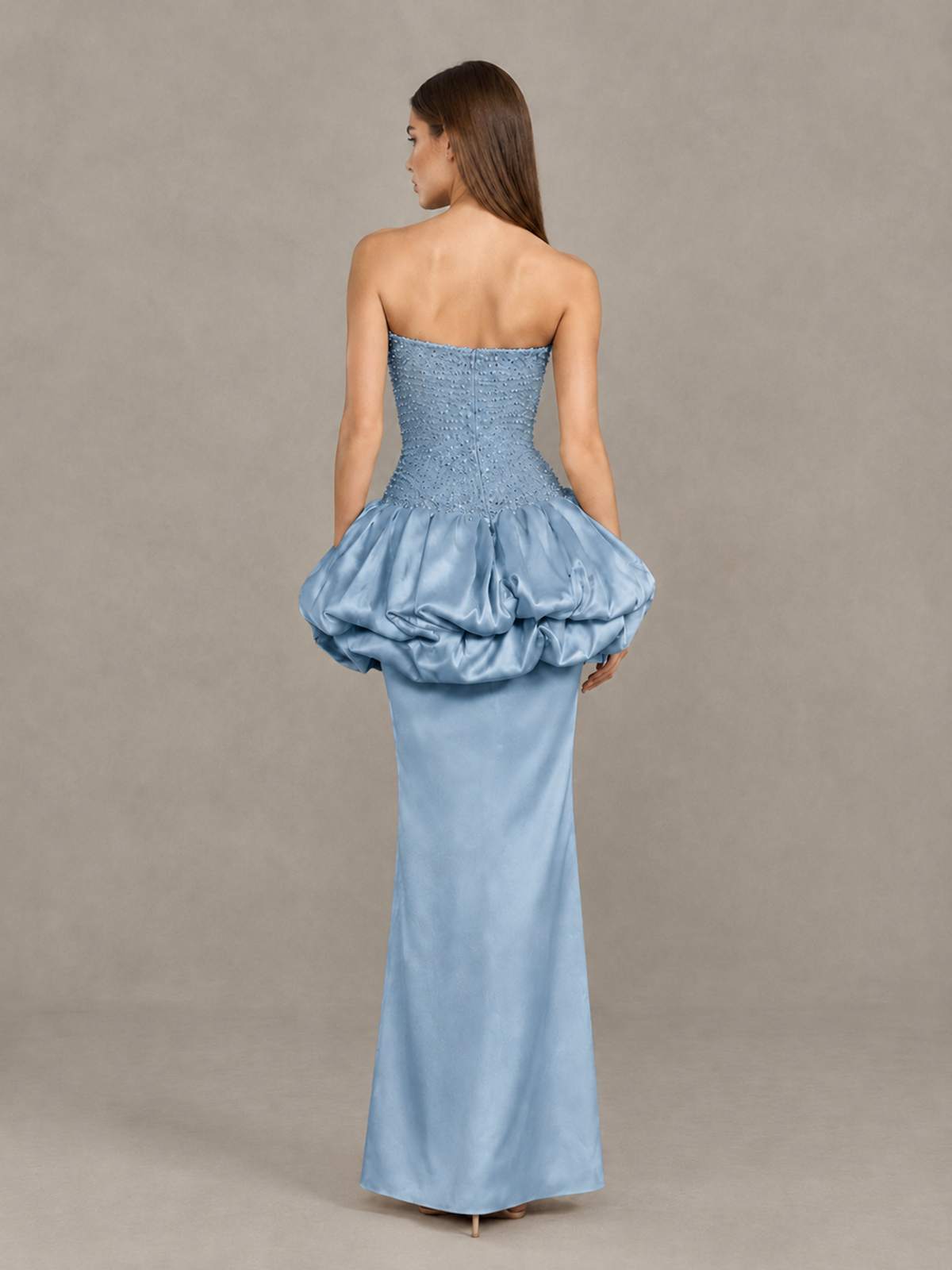 BOLODOO Dusty Blue Strapless Embellished Bubble Peplum Evening Dress - Dusty Blue - Dusty Blue (2)