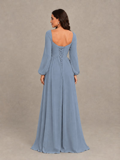 BOLODOO Dusty Blue Long Sleeve Chiffon Bridesmaid Dress with Slit - Dusty Blue - Dusty Blue (2)