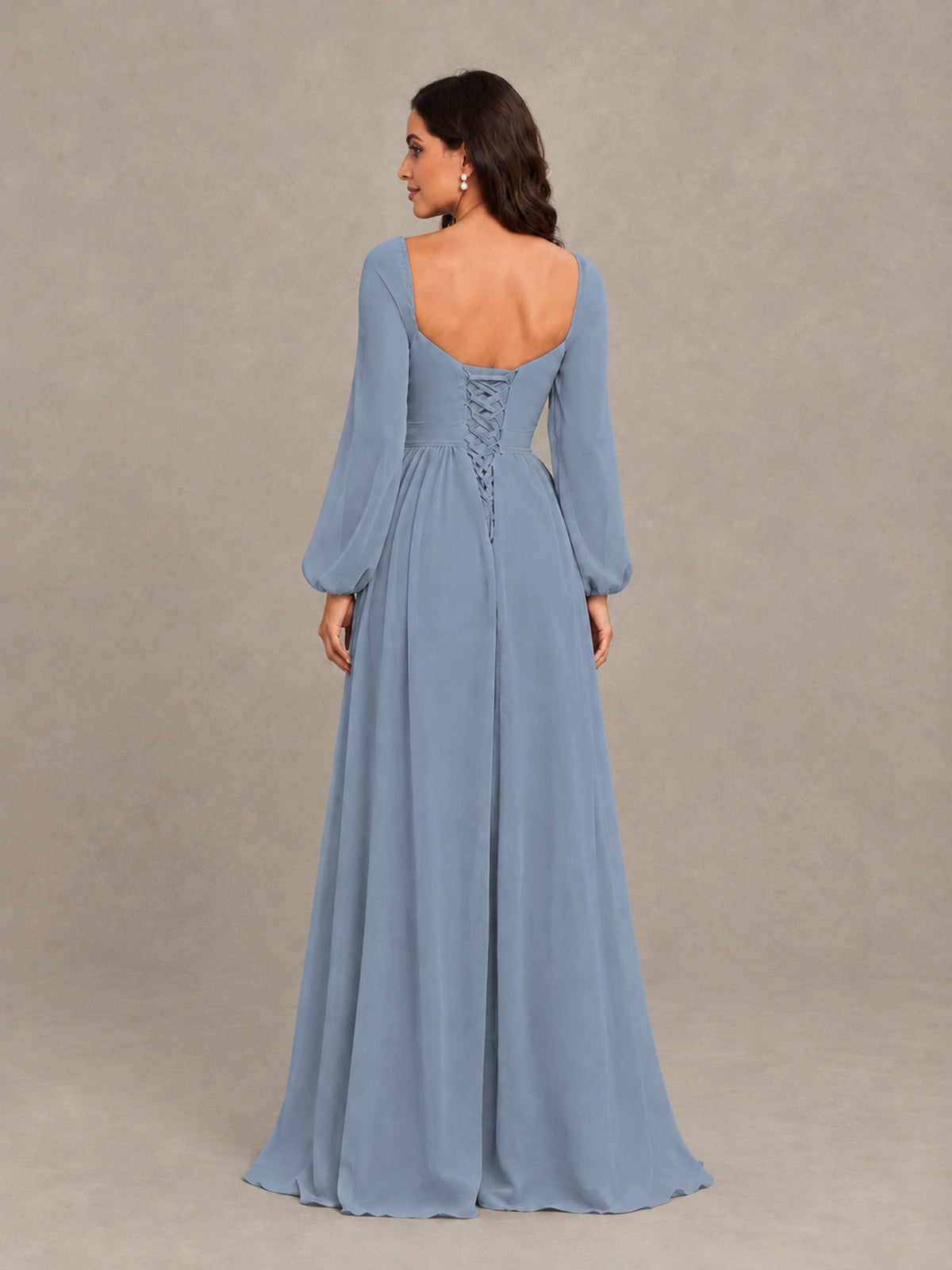 BOLODOO Dusty Blue Long Sleeve Chiffon Bridesmaid Dress with Slit - Dusty Blue - Dusty Blue (2)