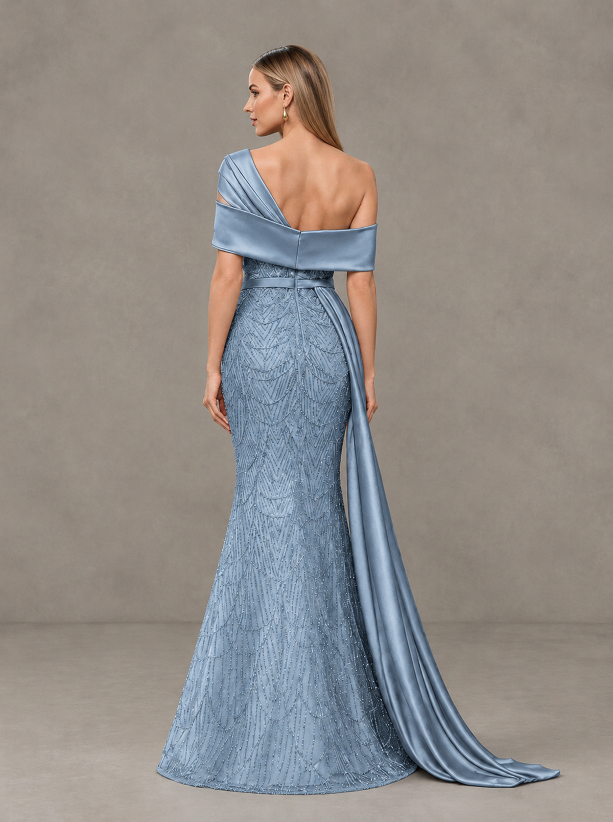BOLODOO Dusty Blue Asymmetric Draped Mermaid Evening Gown with Train - Dusty Blue - Dusty Blue (2)