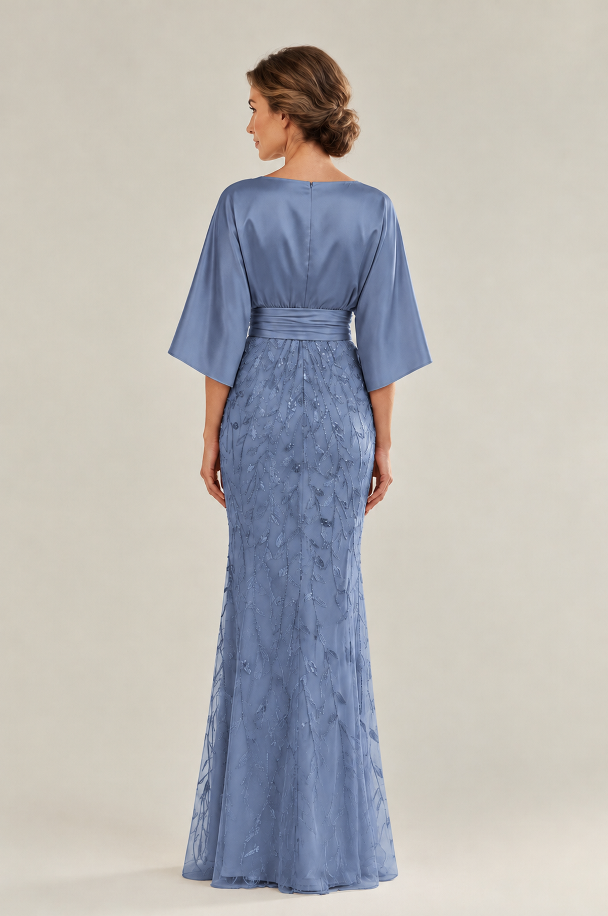 BOLODOO Dusty Blue Mother of the Bride Dress with Kimono Sleeves, Satin Bodice & Sequin Embroidered Mermaid Floor-Length Gown - Dusty Blue - Dusty Blue (2)