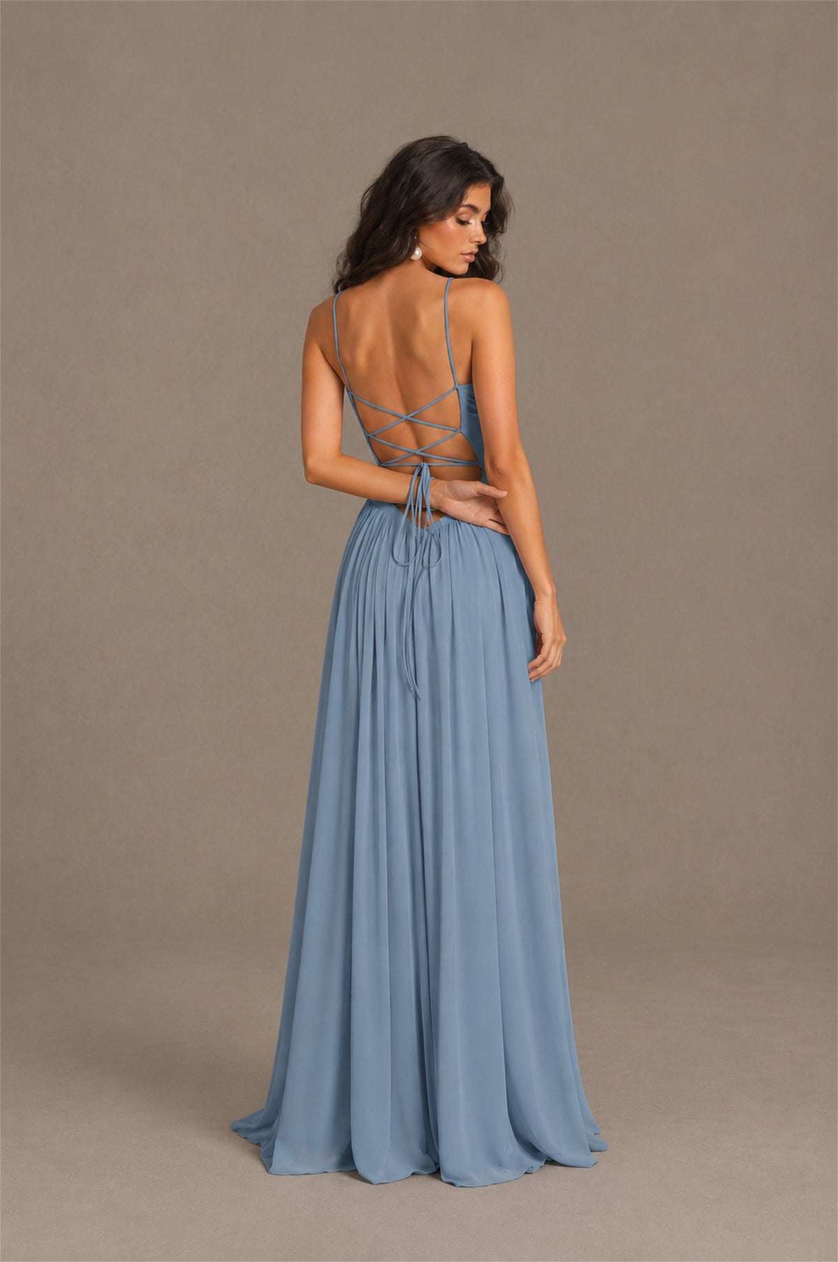 BOLODOO Dusty Blue Spaghetti Strap Square Neck Ruched Chiffon Maxi Dress with Lace-Up Back - Dusty Blue