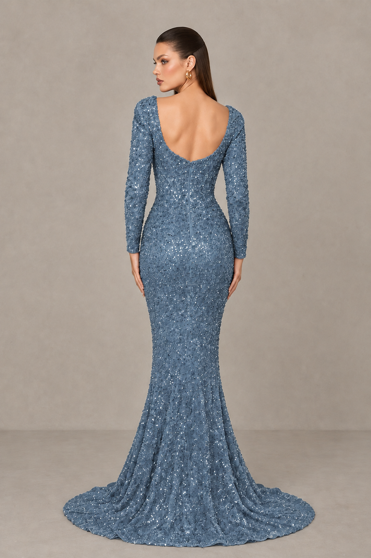 BOLODOO Dusty Blue Sequin Long Sleeve Evening Gown with High Slit - Dusty Blue - Dusty Blue (2)
