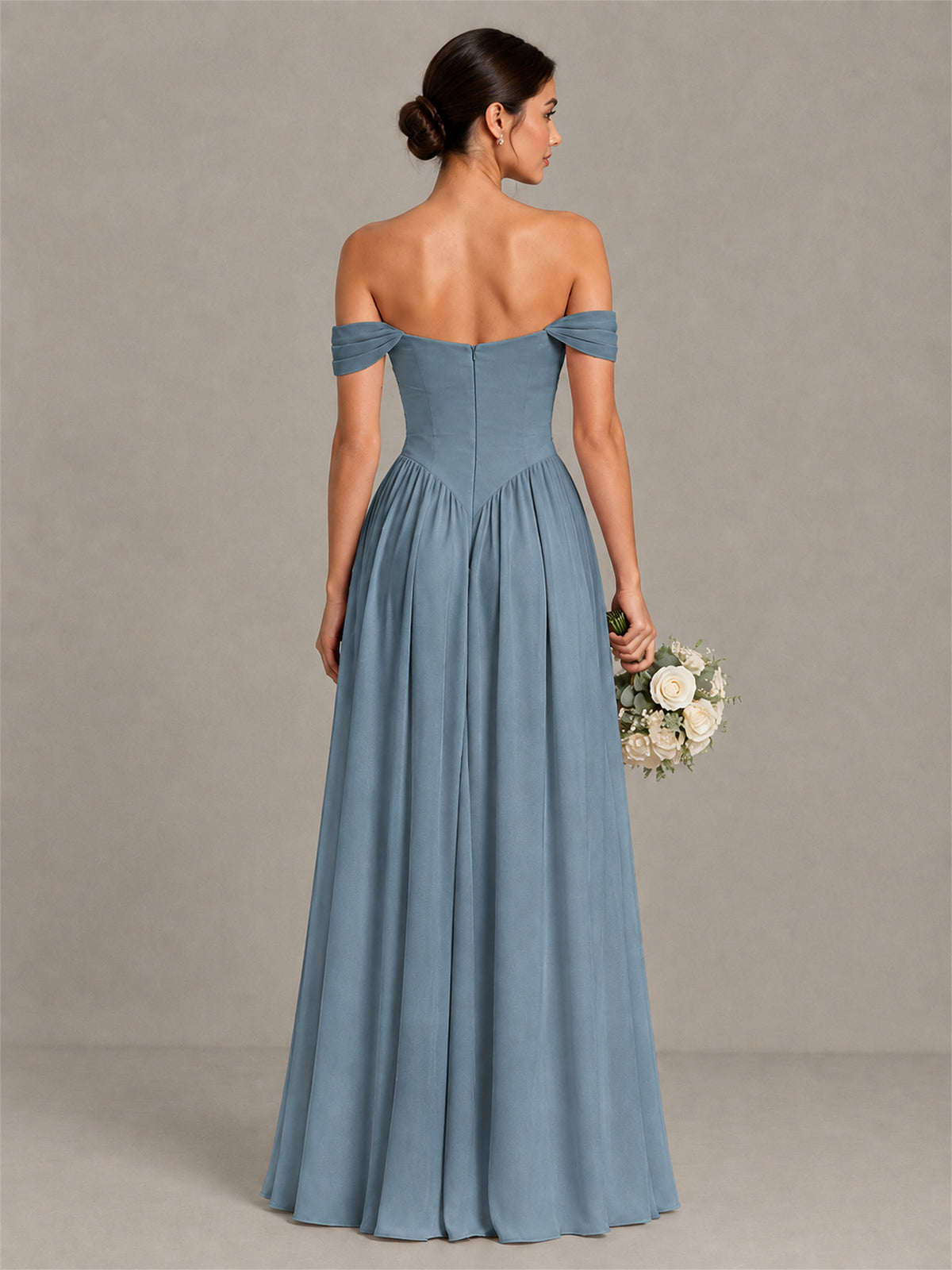 BOLODOO Dusty Blue Off-Shoulder Chiffon A-Line Bridesmaid Dress - Dusty Blue