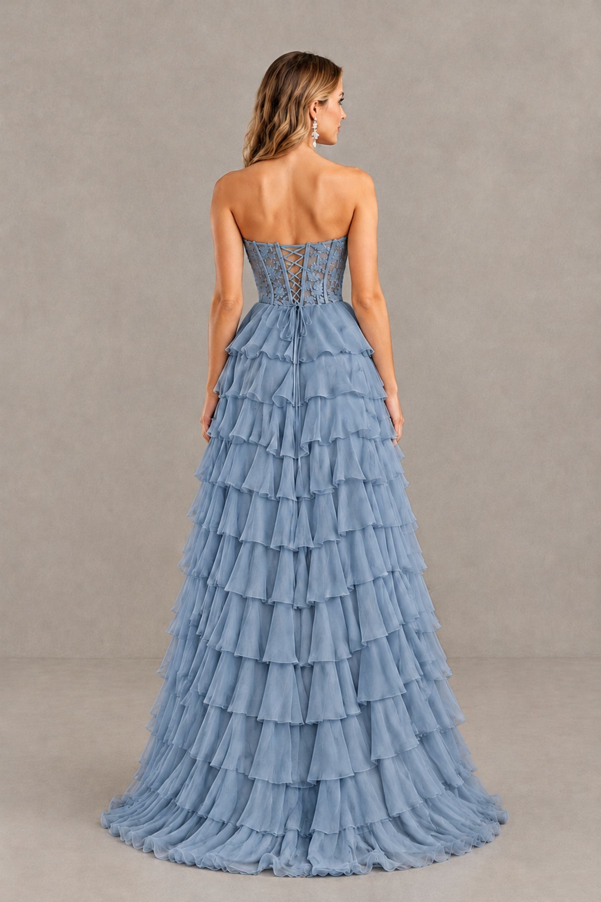 BOLODOO Dusty Blue Strapless Lace Corset Tiered Ruffle Prom Dress with Slit - Dusty Blue - Dusty Blue (2)